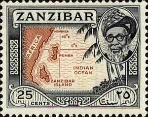 Stamp, Map showing location of Zanzibar, Zanzibar,  
