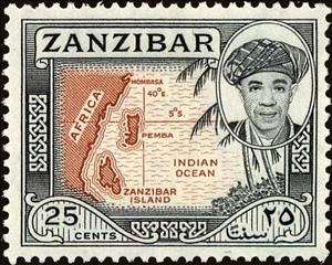 Stamp, Map showing location of Zanzibar, Zanzibar,  