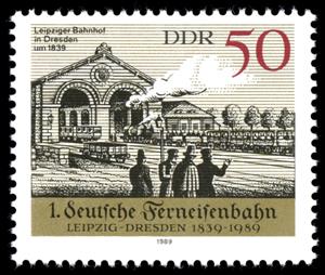 Stamp, Leipzig station in Dresden (about 1839), Germany, Democratic Republic,  