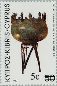 Stamp, Black surcharge 5c on 50M, Cyprus,  , Sculptures, Mammals, Authors, Archaeology, Cattle, Animals (Fauna)