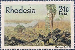 Stamp, Victoria Falls; by Thomas Baines, African Elephant (Loxodont, Rhodesia,  , Animals (Fauna)
