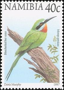 Stamp, Blue-cheecked Bee-eater (Merops persicus) , Namibia,  , Birds, Animals (Fauna)