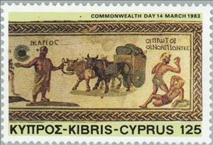 Stamp, Icarius and the discovery of wine (mosaic), Paphos, Cyprus,  , Vehicles, Special Occasions, Mythology, Mammals, British Commonwealth, Gods and goddesses, Mosaic, Cattle, Animals (Fauna)