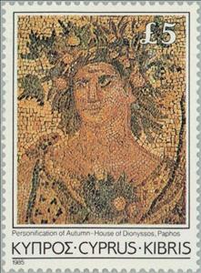 Stamp, Personification of Autumn, Mosaic, Paphos, Cyprus,  , Tourism, Mosaic