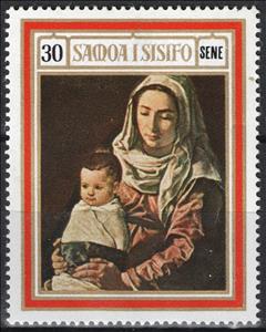 Stamp, Virgin and Child, by Velazquez, Samoa,  , Christmas, Religion