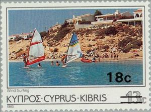 Stamp, Wind Surfing at Paphos (overprint), Cyprus,  , Ships, Vehicles, Tourism, Sailing Ships