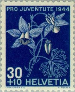 Stamp, Alpine Columbine (Aquilegia alpina), Switzerland,  , Flowers, Plants (Flora)