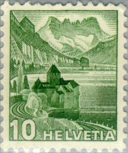 Stamp, Chillon castle at Lake of Geneva & Dents du Midi, Switzerland,  , Landscapes, Railways, Mountains, Castles, Lakes