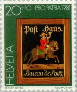 Stamp, Postsign of Fischerpost Bern, Aarburg, Switzerland,  , Postal Services, Mammals, Horses, Postal Traffic, Post Horns, Crafts, Animals (Fauna)