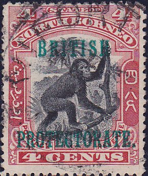 Stamp, Orang-Utan (Pongo pygmaeus) , overpr. "British protectorate", North Borneo,  , Mammals, Animals (Fauna), Apes