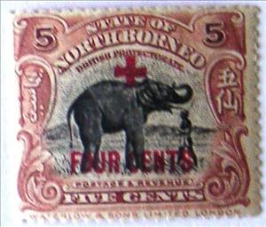 Stamp, Asian Elephant (Elephas maximus) Overprint Red Cross, North Borneo,  , Mammals, Red Cross and Red Crescent, Elephants, Animals (Fauna)