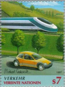 Stamp, Traffic, UNO Vienna,  , Vehicles, Cars, Railways, Transport