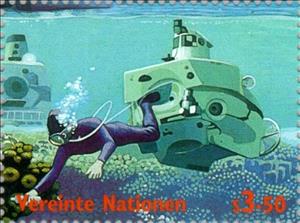 Stamp, Int. Year of the Ocean, UNO Vienna,  , Special Occasions, Sport, Submarines, Aquatic Sports, Diving, International Years, Animals (Fauna)