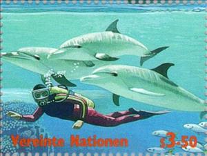 Stamp, Int. Year of the Ocean, UNO Vienna,  , Special Occasions, Mammals, Sport, Aquatic Sports, Sea (Marine) Mammals, Diving, International Years, Animals (Fauna)