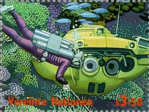 Stamp, Diving Saucer, UNO Vienna,  , Special Occasions, Sport, Submarines, Aquatic Sports, Diving, International Years