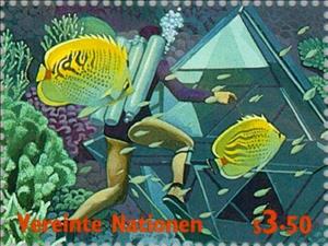 Stamp, Int. Year of the Ocean, UNO Vienna,  , Special Occasions, Sport, Aquatic Sports, Diving, International Years, Animals (Fauna), Fishes
