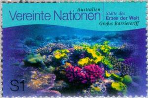 Stamp, Great Barrier Reef, Australia (World Heritage 1981), UNO Vienna,  , Corals and Sponges, Sea Life, National Parks, Sea, UNESCO World Heritage Sites