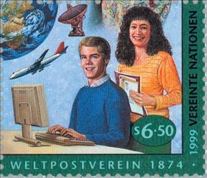Stamp, 125 years of U.P.U., UNO Vienna,  , Vehicles, Postal Services, UPU, Telecommunication, Computers, Aviation, Aircrafts, Anniversaries and Jubilees