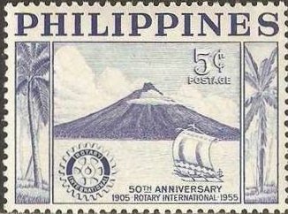 Stamp, Albay volcano on Luzon, sailing boat & Rotary badge, Philippines,  , Volcanos, Rotary, Sailing Ships