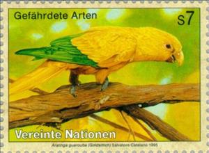 Stamp, Golden Parakeet (Aratinga guarouba), UNO Vienna,  , Birds, Animals (Fauna)