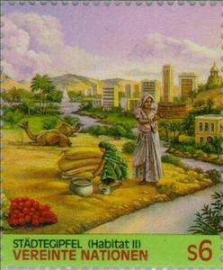 Stamp, Habitat II, UNO Vienna,  , Special Occasions, Mammals, Camels, Agriculture, Animals (Fauna), Townscapes / City Views