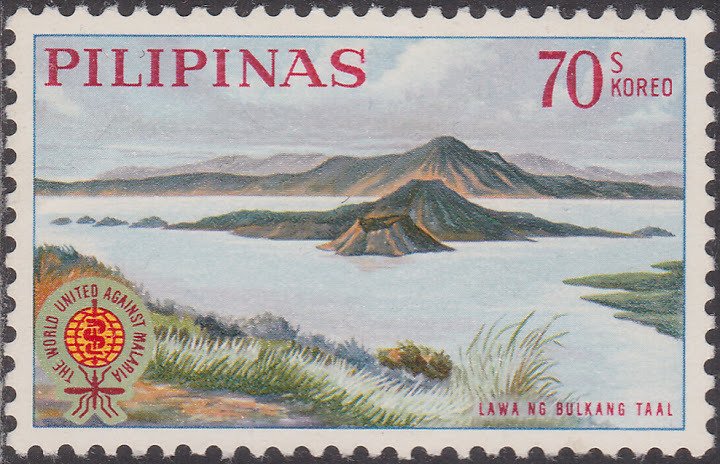 Volcano in Lake Taal and Malaria Eradication Emblem