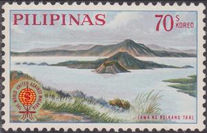 Stamp, Volcano in Lake Taal and Malaria Eradication Emblem, Philippines,  , Landscapes, Volcanos, Lakes, Malaria