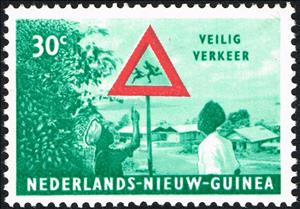 Stamp, Men looking at traffic sign, Netherlands New Guinea,  , Road Signs, Roadsafety, Children