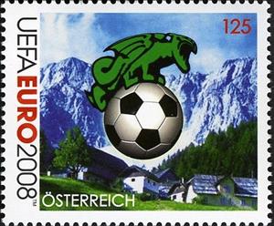Stamp, Children's Drawings - Lindwurm, Austria,  , Sport, Drawings, Dragons, Mountains, Football (Soccer)