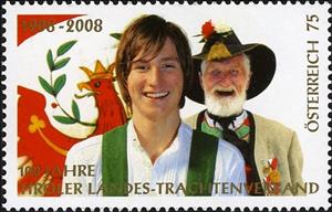 Stamp, 100 Years of the Tyrolean Federation of Traditional Costumes, Austria,  , Heraldic Animals, Folklore, Coats of Arms, Suits and Costumes