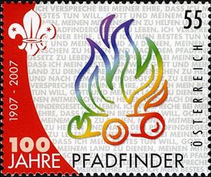 Stamp, 100 Years of Scouting, Austria,  , Scouting, Fire and Flames