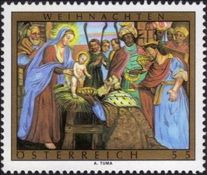 Stamp, Adoration of the Kings - ceiling fresco from Mattsee (detail, Austria,  , Biblical Accounts, Christmas, Religion, Art, Frescos
