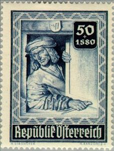Stamp, Master Anton Pilgram (16th Cty.) self portrait, Austria,  , Paintings, Architects, Painters, Churches - Cathedrals - Basilicas - Chapels