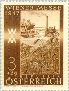 Stamp, Treshing machine in wheatfield, Austria,  , Agriculture, Agricultural Machinery
