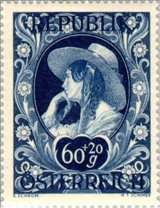 Stamp, Girl with straw hat, by F. Amerling, Austria,  , Paintings, Expositions