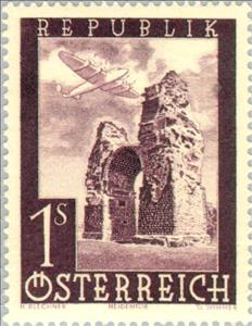 Stamp, Airplane over Heidentor near Petronell (Lower Austria), Austria,  , Ruins, Aviation, Roman Empire, Aircrafts