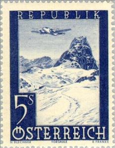 Stamp, Airplane over Torsäule near Bischofshofen (Salzburg), Austria,  , Landscapes, Mountains, Aviation, Aircrafts