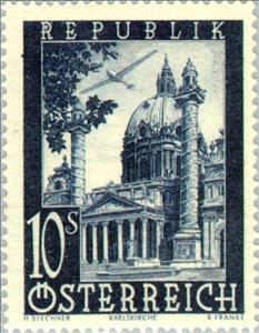 Stamp, Airplane over Karls Church, Vienna, Austria,  , Towers, Aviation, Aircrafts, Churches - Cathedrals - Basilicas - Chapels