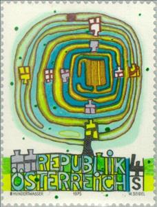 Stamp, "Spiral Tree" by Friedensreich Hundertwasser (1928-2000), Austria,  , Paintings, Art