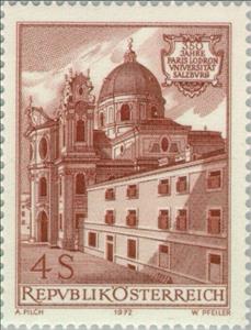Stamp, College church with the old university building, Austria,  , Education, Universities, Buildings, Churches - Cathedrals - Basilicas - Chapels