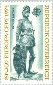 Stamp, "King Arthur of England" by Dürer, Albrecht & Vischer, Peter, Austria,  , Sculptures, Postal Unions, C.E.P.T., Europe, Statues, Kings