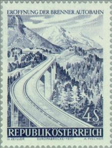 Stamp, "Europabrücke" part of the Brenner Motorway, Austria,  , Landscapes, Bridges, Roads, Mountains