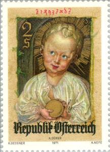 Stamp, "Jesus as Redeemer" miniature by Albrecht Dürer, Austria,  , Christmas, Paintings, Religion, Feasts, Miniatures, Art