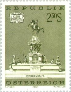 Stamp, Leopold Fountain, Innsbruck, Austria,  , Sculptures, Fountains, Statues, Art