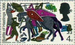 Stamp, Battle Scene from the Bayeux Tapestry VI, United Kingdom of Great Britain & Northern Ireland,  , Weapons, Mammals, Commemoration, Horses, Textile, Animals (Fauna), Anniversaries and Jubilees