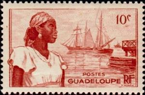 Stamp, Basse-Terre Harbor and woman, Guadeloupe,  