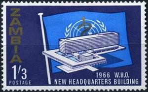 Stamp, Administration building in Geneva, flag with emblem of the W, Zambia,  
