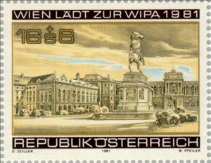 Stamp, Vienna Heldenplatz with Archduke Carl monument, Austria,  , Sculptures, Philatelic Exhibitions, Expositions, Philately, Statues, Palaces, Buildings, Town Squares