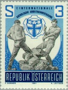 Stamp, Two labourers & KAB badge, Austria,  , Tools, Labour Organisations, Conferences