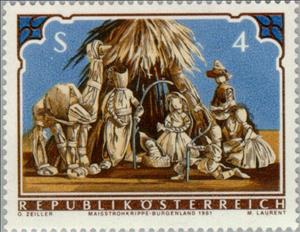Stamp, Christmas manger made of corn straw, Austria,  , Biblical Accounts, Christmas, Religion, Feasts